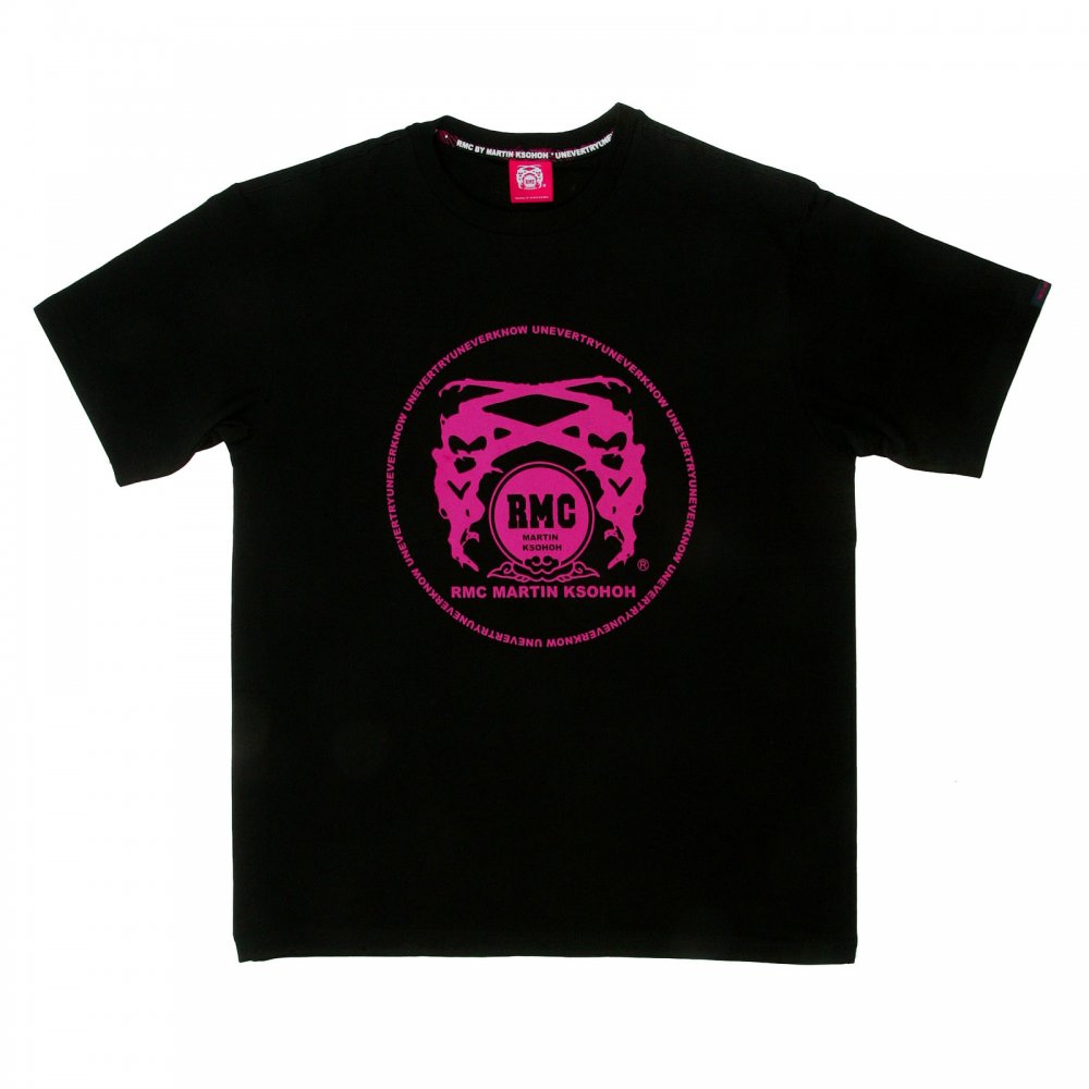 Black Crew Neck Regular Fit T-Shirt with Printed Logo in Fuchsia