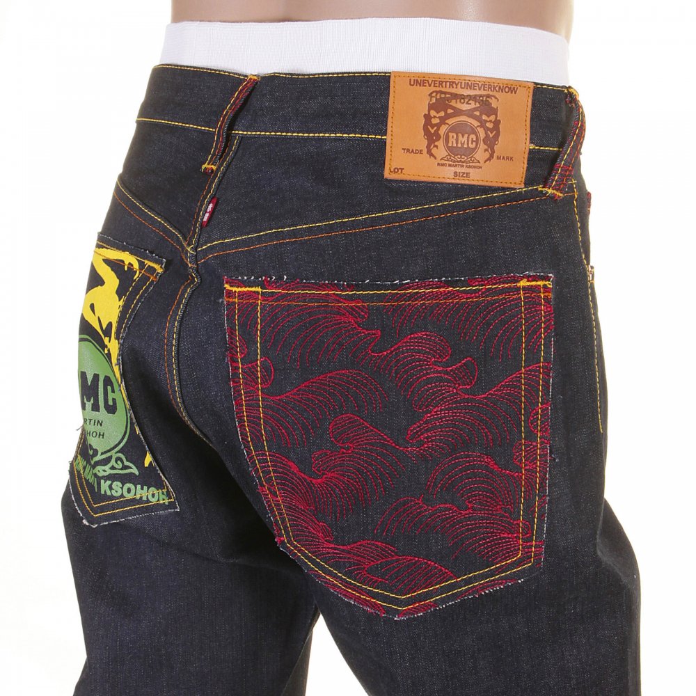 Model 1001 Tsunami Wave Painted Logo Vintage Raw Selvedge Denim Jeans