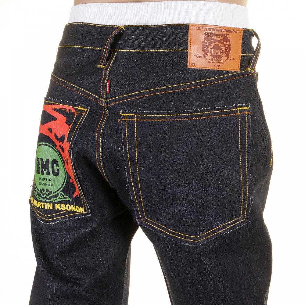 Tsunami Wave and Painted Logo Raw Selvedge Denim Jeans