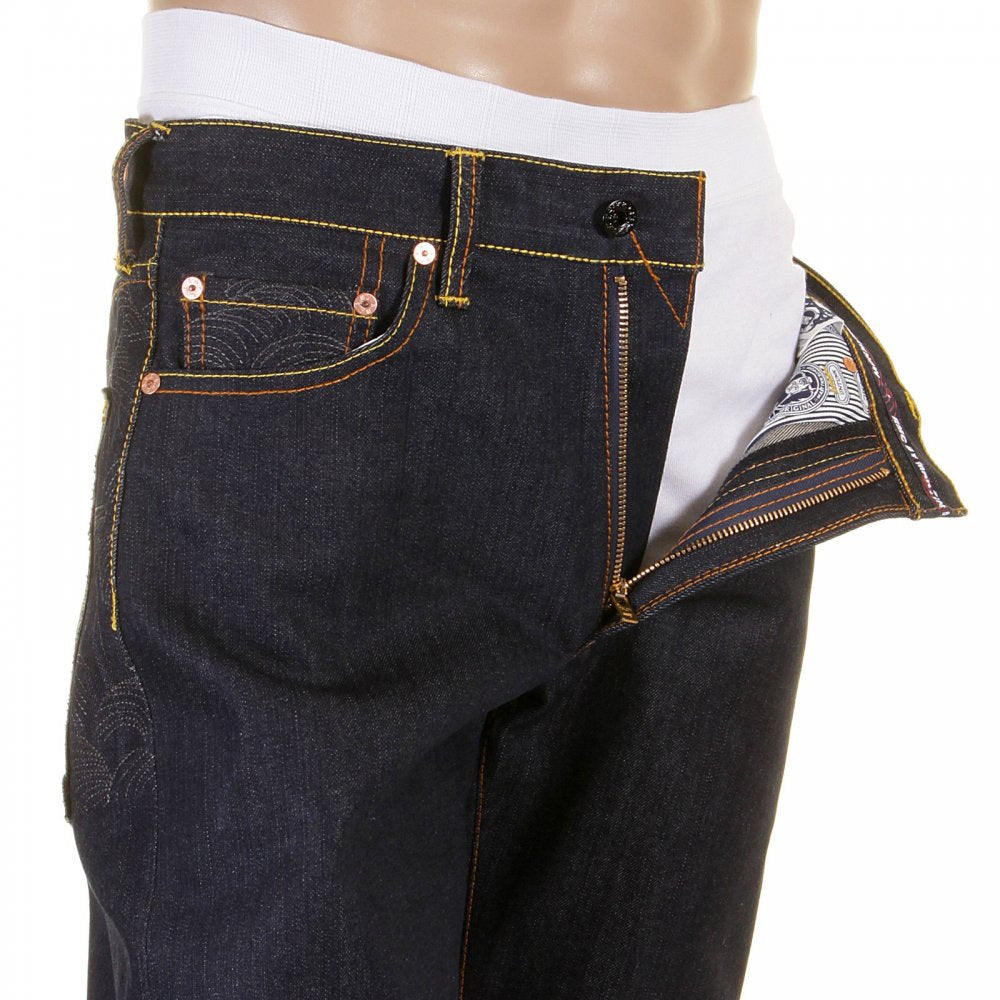 Raw Denim with Charcoal Tsunami Wave Logo on Full Back