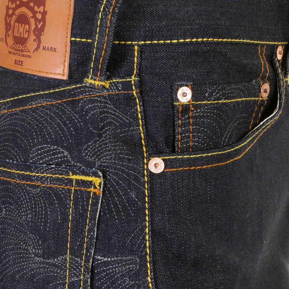 Raw Denim with Charcoal Tsunami Wave Logo on Full Back