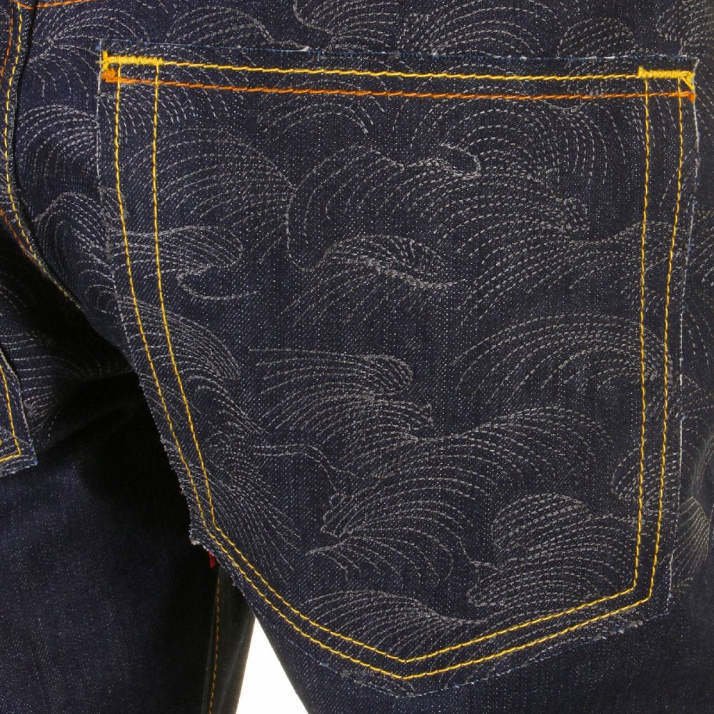 Raw Denim with Charcoal Tsunami Wave Logo on Full Back