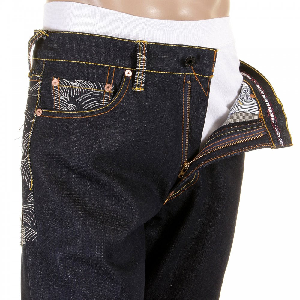 Genuine Dark Indigo Vintage Cut Raw Denim with Full Back off White Tsunami Wave Embroidery