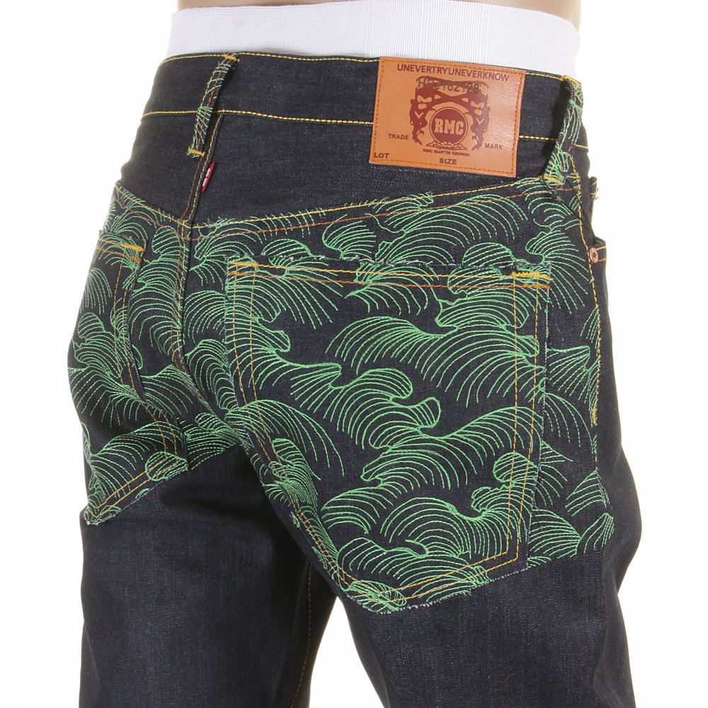 Genuine Dark Indigo Vintage Cut Raw Denim with Full Back Green Tsunami Wave Embroidery