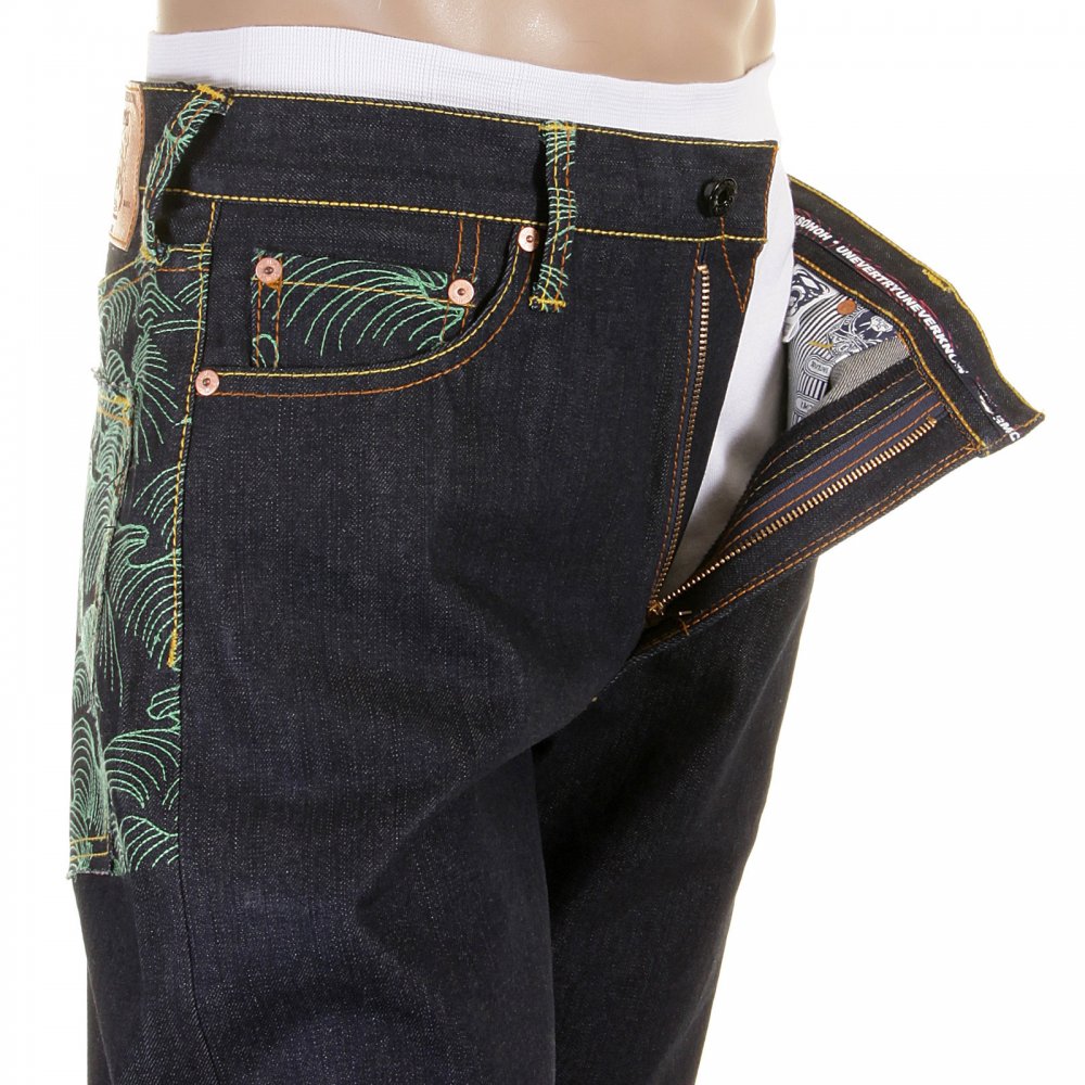 Genuine Dark Indigo Vintage Cut Raw Denim with Full Back Green Tsunami Wave Embroidery