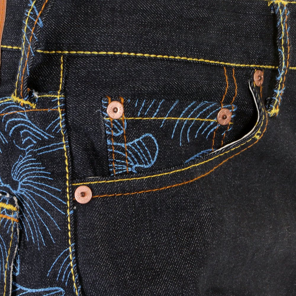 Genuine Dark Indigo Vintage Cut Raw Denim with Full Back Blue Tsunami Wave Embroidery
