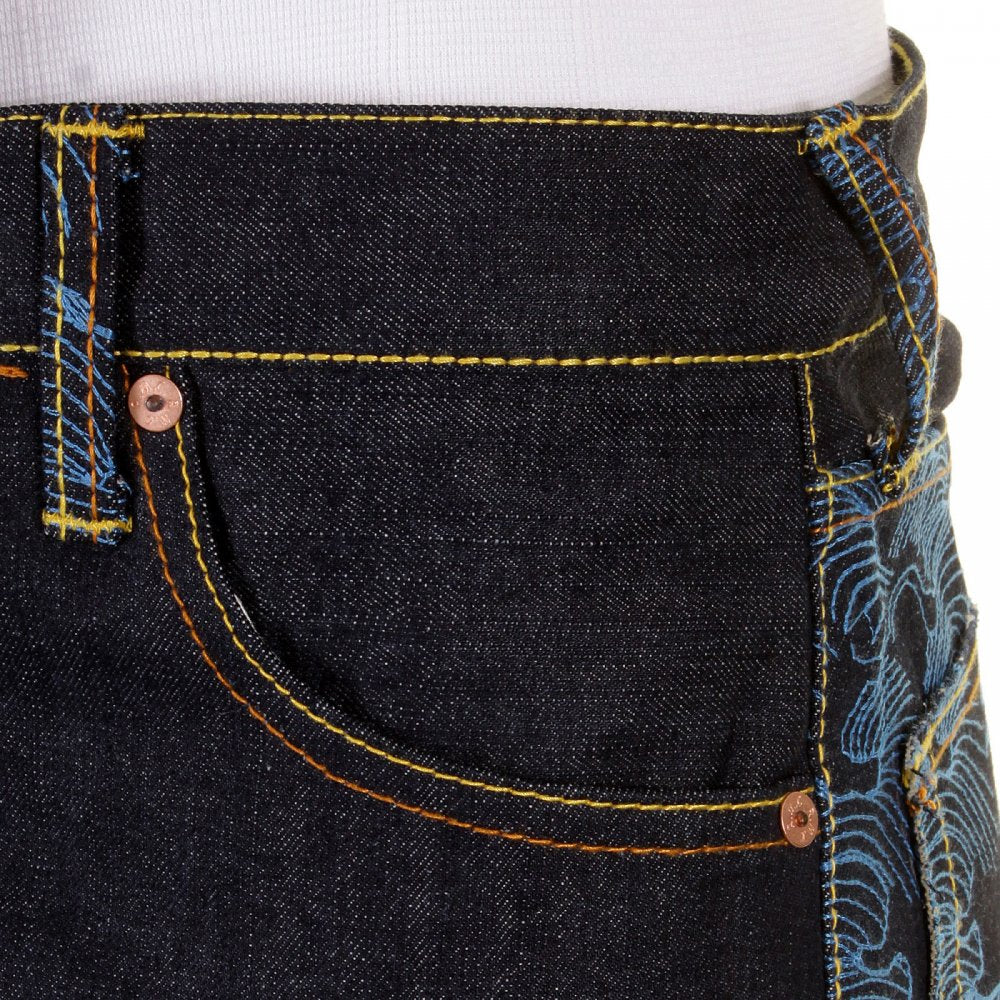 Genuine Dark Indigo Vintage Cut Raw Denim with Full Back Blue Tsunami Wave Embroidery