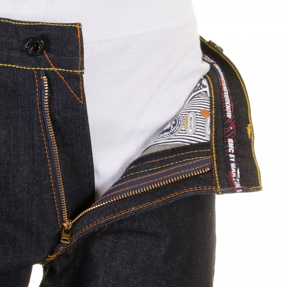 Genuine Dark Indigo Vintage Cut Raw Denim with Full Back Blue Tsunami Wave Embroidery