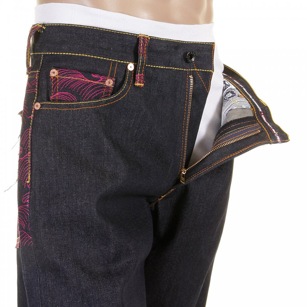 Genuine Dark Indigo Vintage Cut Raw Denim with Full Back Fuchsia Tsunami Wave Embroidery
