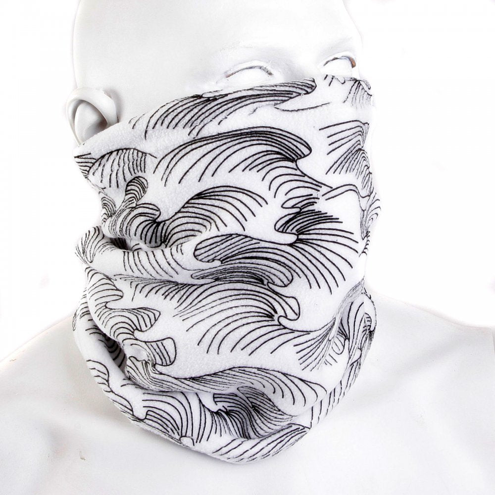 White Neck Warmer Snood with Black Embroidered Tsunami Waves