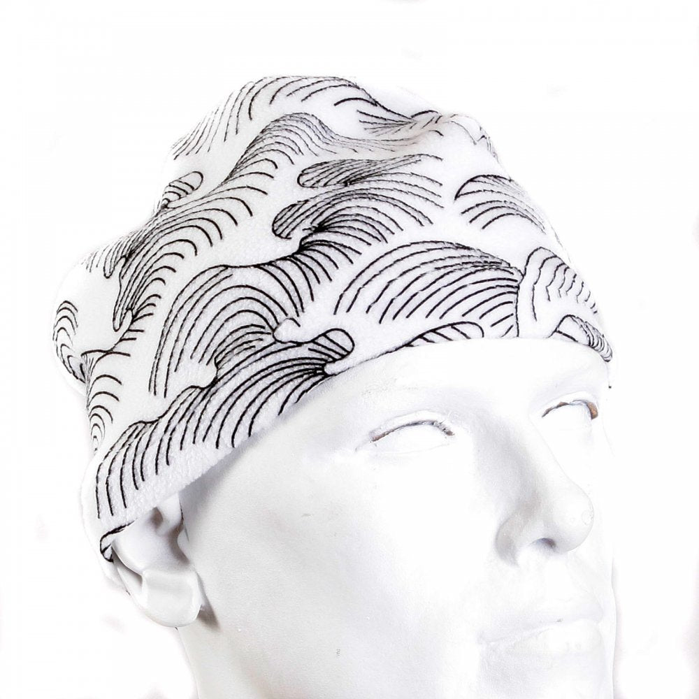 White Neck Warmer Snood with Black Embroidered Tsunami Waves