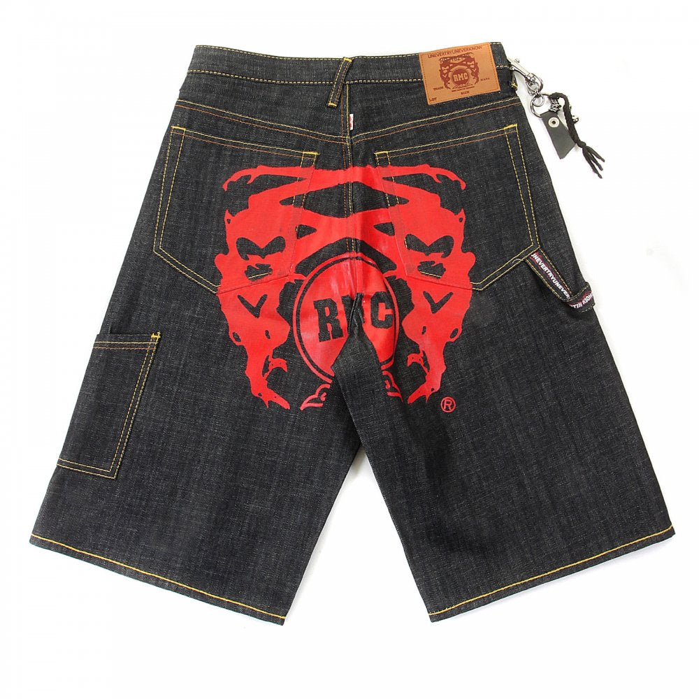 Red Painted Logo Exclusive Design Dark Indigo Raw Denim Shorts
