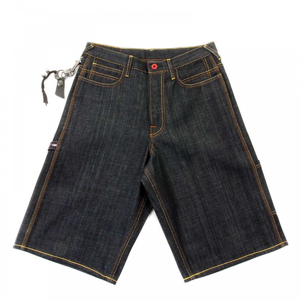 Red Painted Logo Exclusive Design Dark Indigo Raw Denim Shorts
