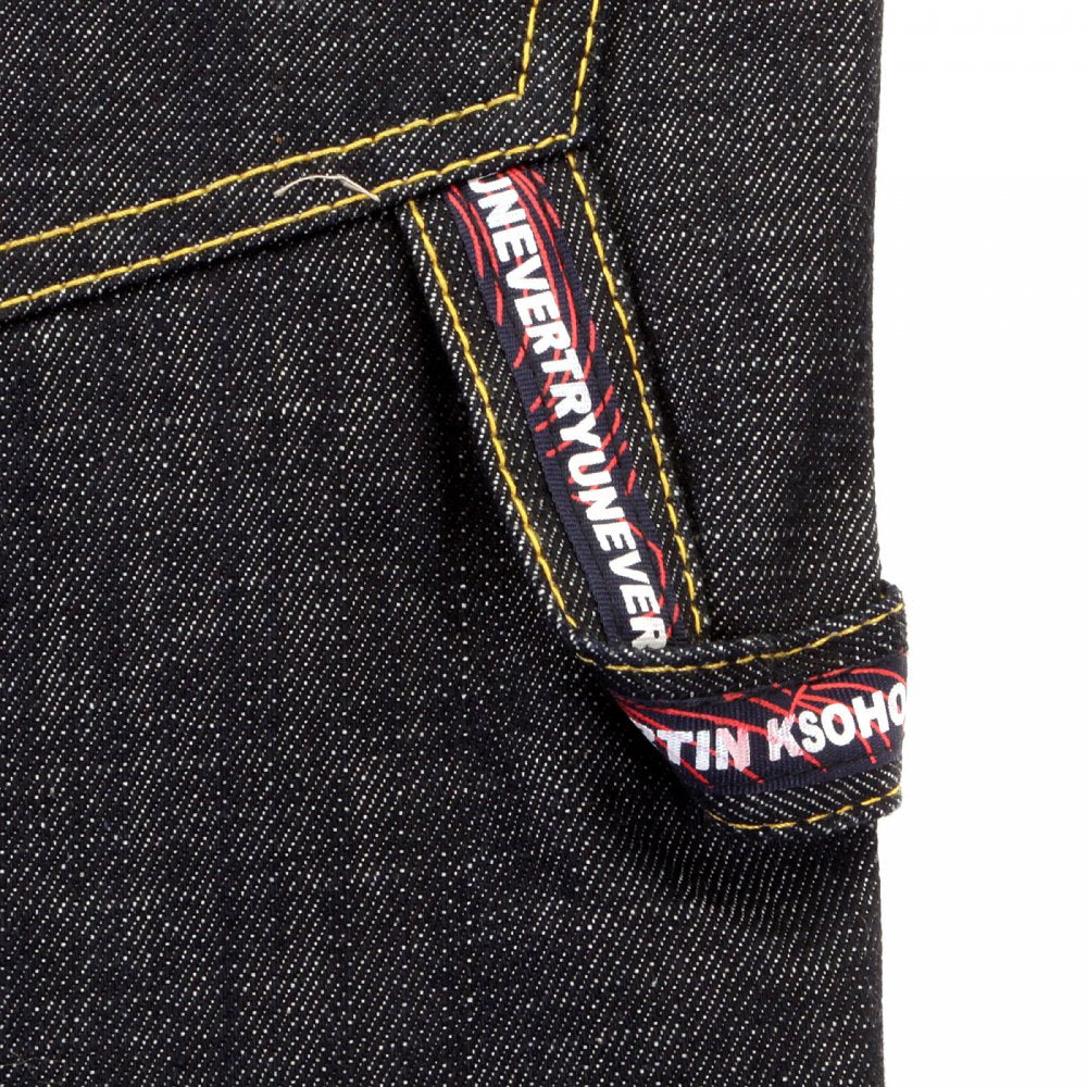 Red Painted Logo Exclusive Design Dark Indigo Raw Denim Shorts