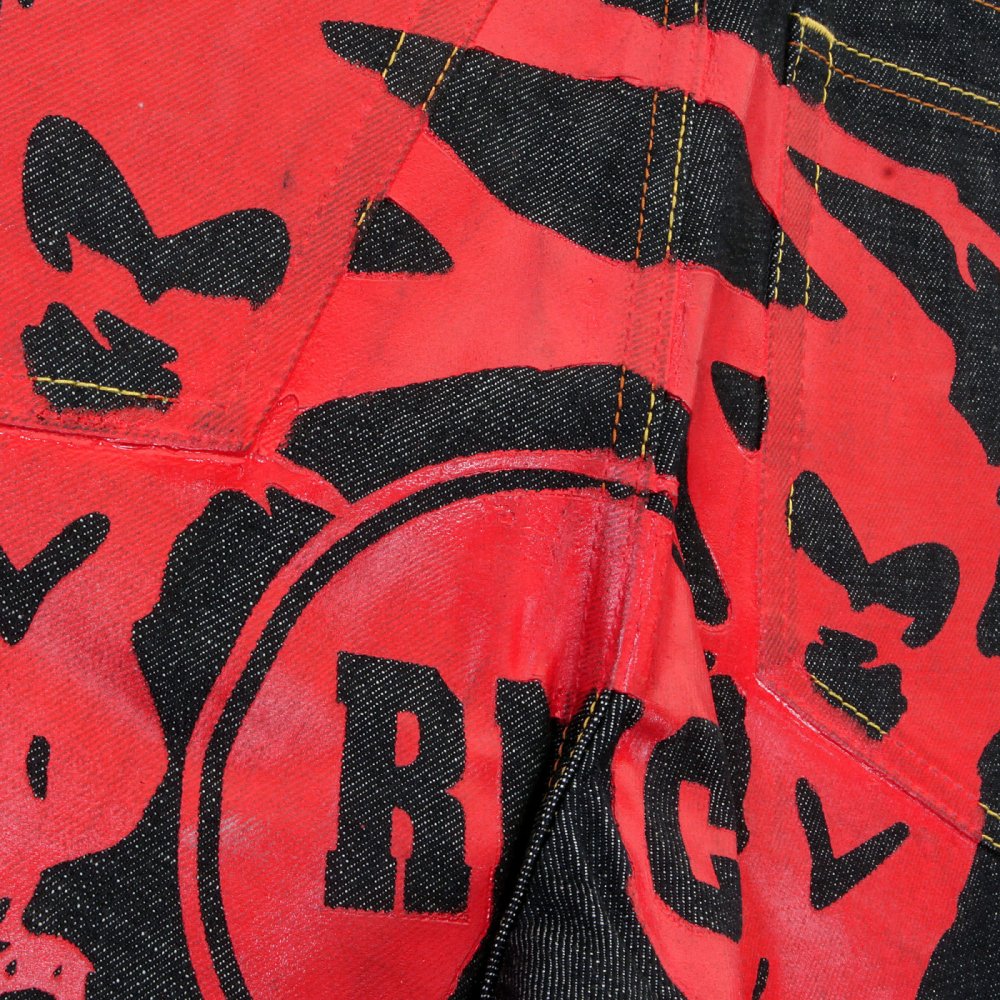 Red Painted Logo Exclusive Design Dark Indigo Raw Denim Shorts