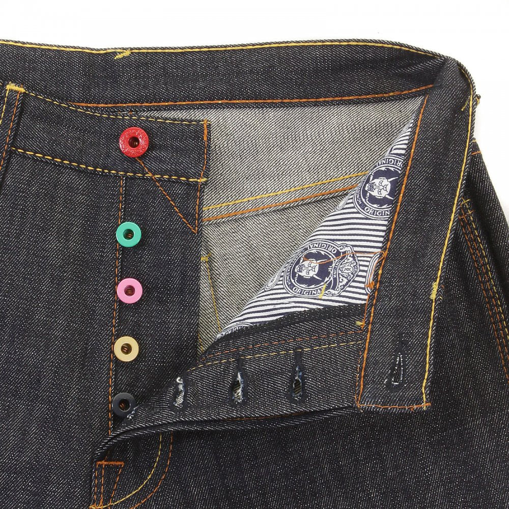 Red Painted Logo Exclusive Design Dark Indigo Raw Denim Shorts