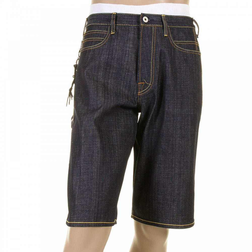 Super Exclusive Design Dark Indigo Raw Denim Shorts with Off White Painted Logo
