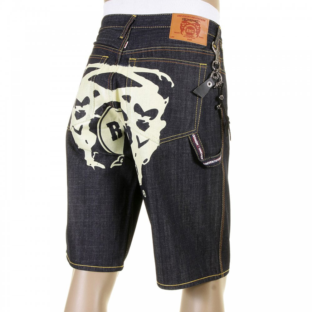 Super Exclusive Design Dark Indigo Raw Denim Shorts with Off White Painted Logo