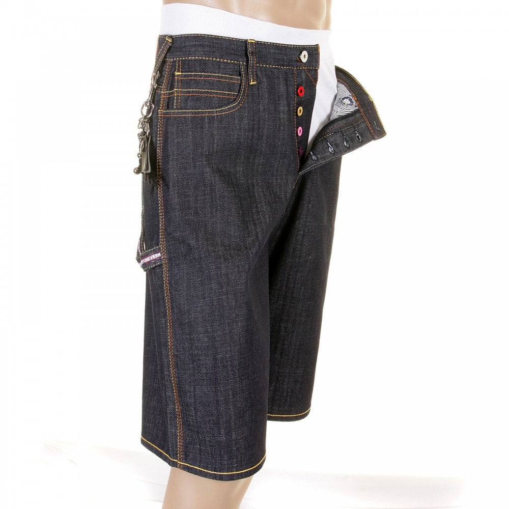 Super Exclusive Design Dark Indigo Raw Denim Shorts with Off White Painted Logo