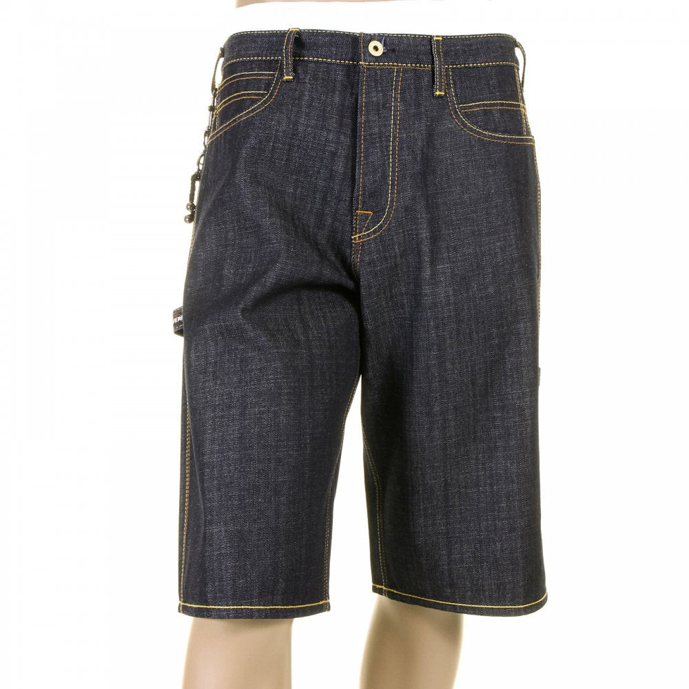 Super Exclusive Design Dark Indigo Raw Denim Shorts with Painted Yellow Logo