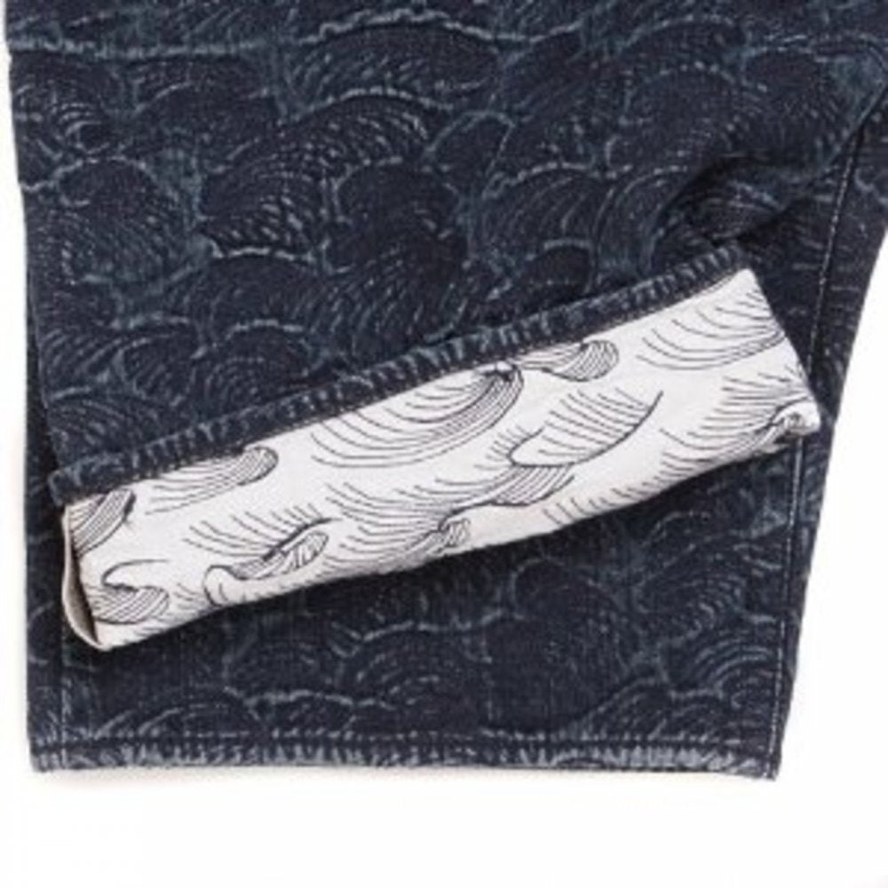 Super Exclusive Selvedge Denim Shorts with Dark Blue Embroidered Tsunami Wave