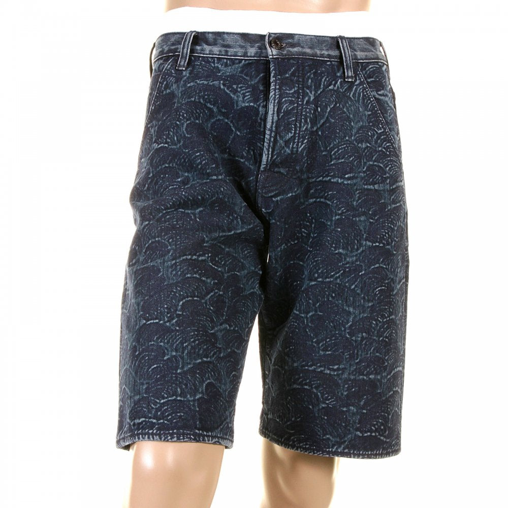 Super Exclusive Selvedge Denim Shorts with Dark Blue Embroidered Tsunami Wave