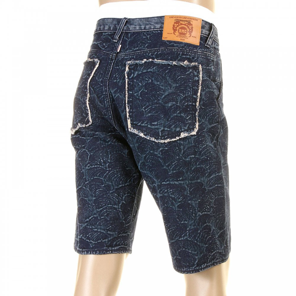 Super Exclusive Selvedge Denim Shorts with Dark Blue Embroidered Tsunami Wave