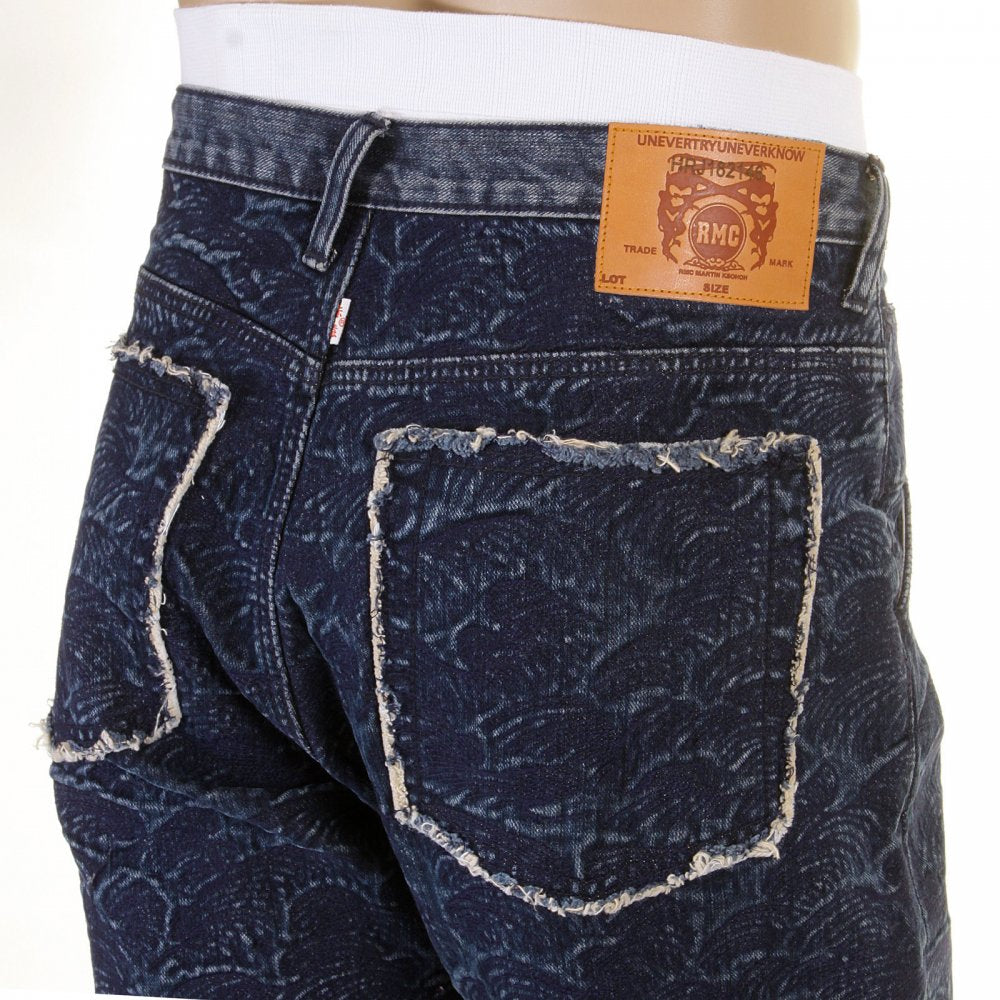 Super Exclusive Selvedge Denim Shorts with Dark Blue Embroidered Tsunami Wave