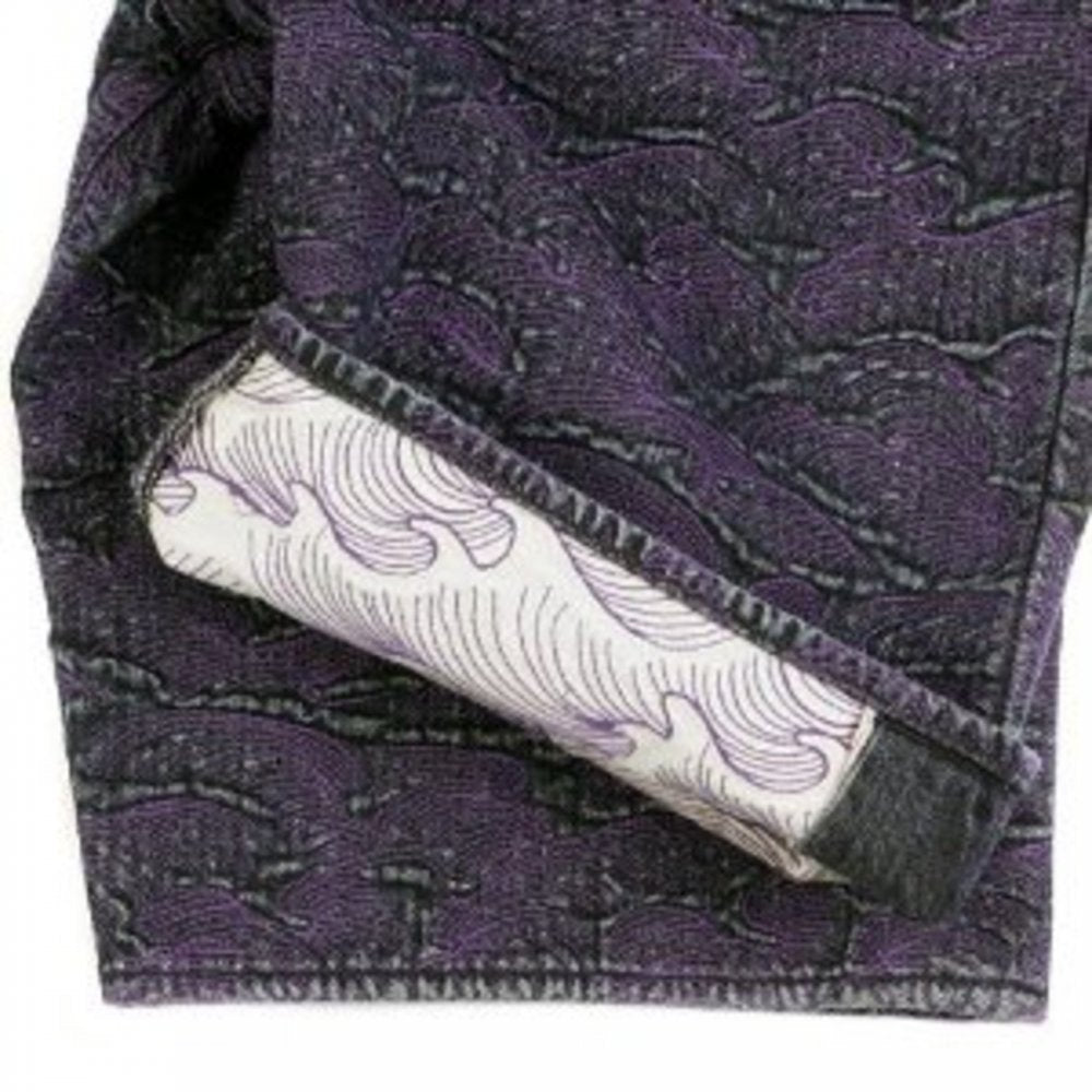 Super Exclusive Selvedge Denim Shorts with Purple Embroidered Tsunami Wave