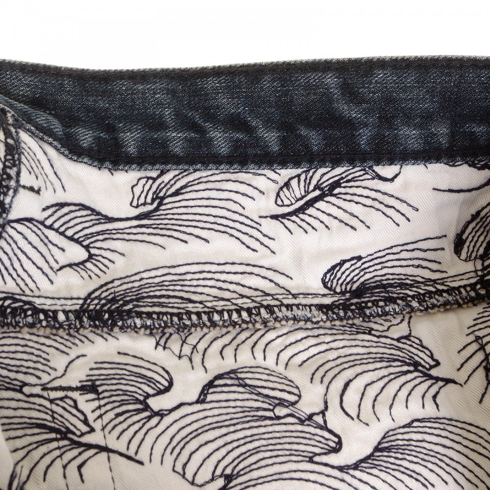 Super Exclusive Selvedge Denim Shorts with Purple Embroidered Tsunami Wave