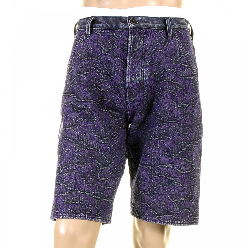 Super Exclusive Selvedge Denim Shorts with Purple Embroidered Tsunami Wave