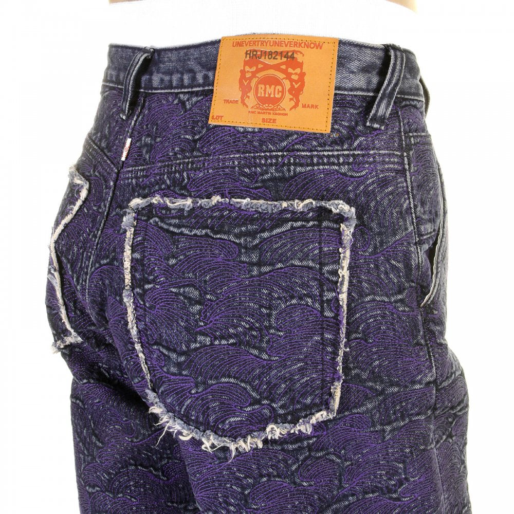 Super Exclusive Selvedge Denim Shorts with Purple Embroidered Tsunami Wave