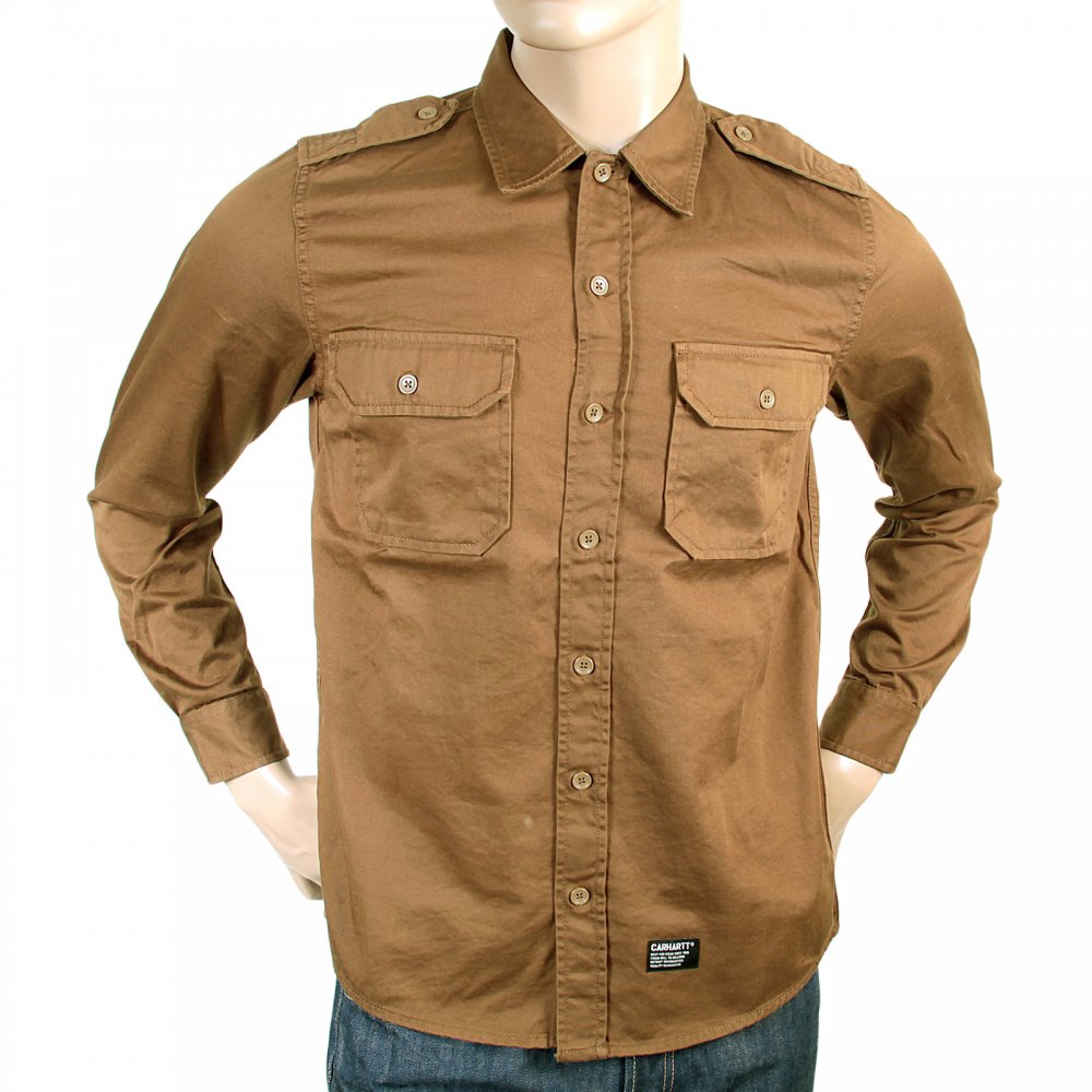 Pecan Coloured Long Sleeve Regular Fit Rigid Military Shirt