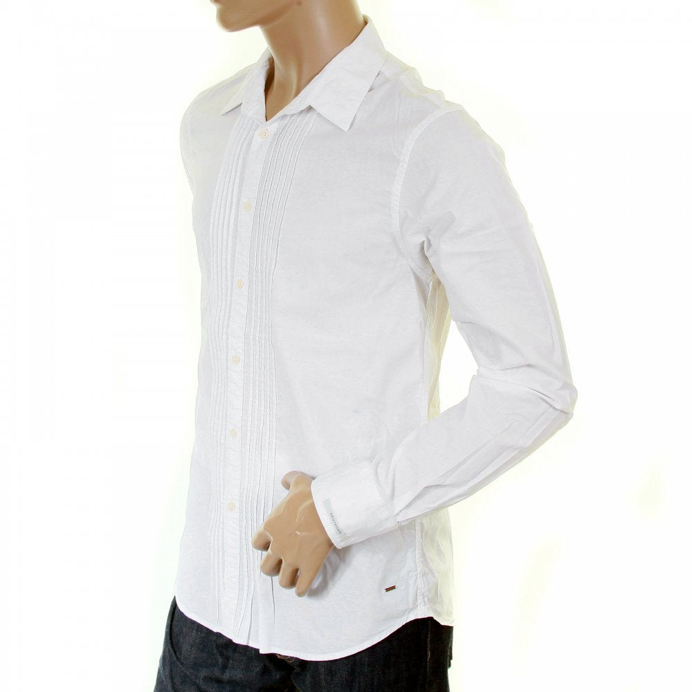 White Cotton Soft Collar Long Sleeve Regular Fit Pleated Tux Style Shirt