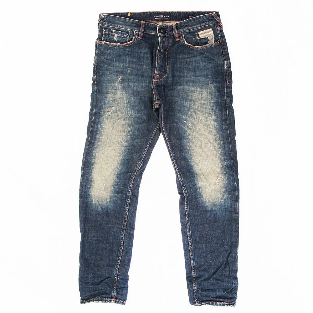 Dean Dark Indigo Washed Worn Vintage Finish Tapered Loose Fit Denim Jeans