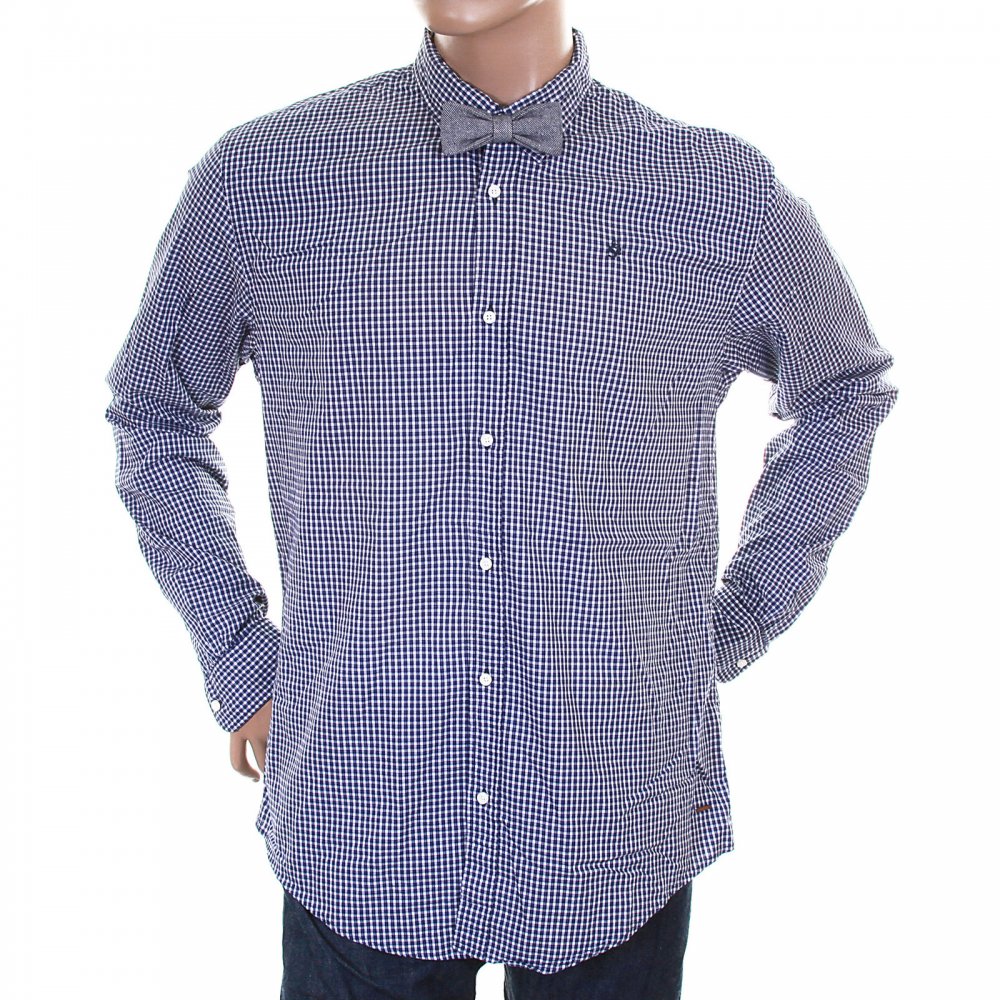 Navy and White Small Check Cotton Long Sleeve Regular Fit Shirt with Detachable Bow Tie