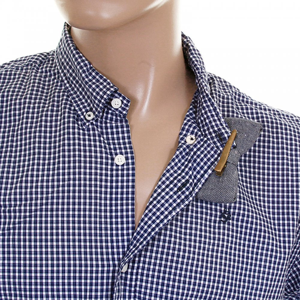 Navy and White Small Check Cotton Long Sleeve Regular Fit Shirt with Detachable Bow Tie