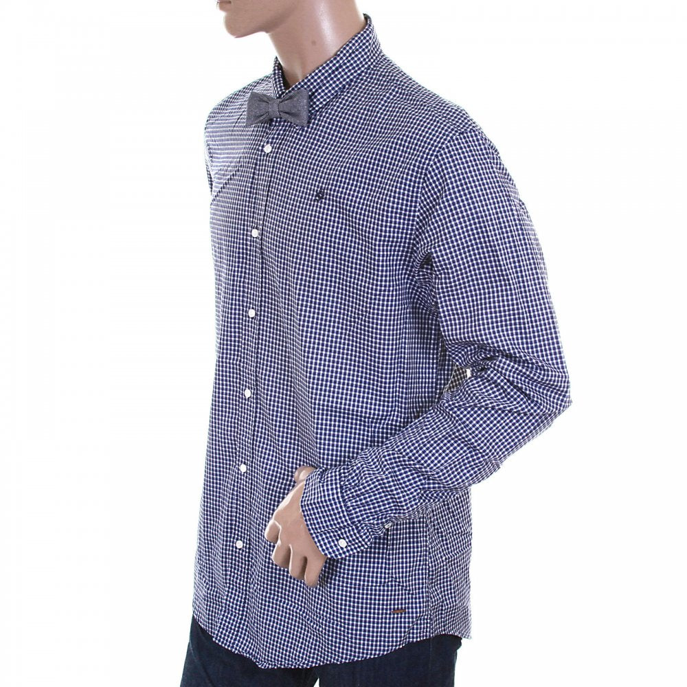 Navy and White Small Check Cotton Long Sleeve Regular Fit Shirt with Detachable Bow Tie