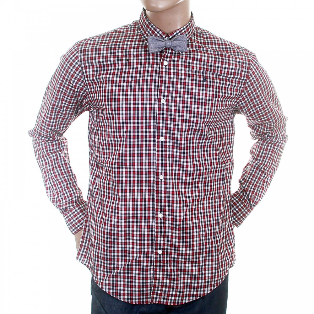 Wine Black and White Small Check Cotton Long Sleeve Regular Fit Shirt with Detachable Bow Tie