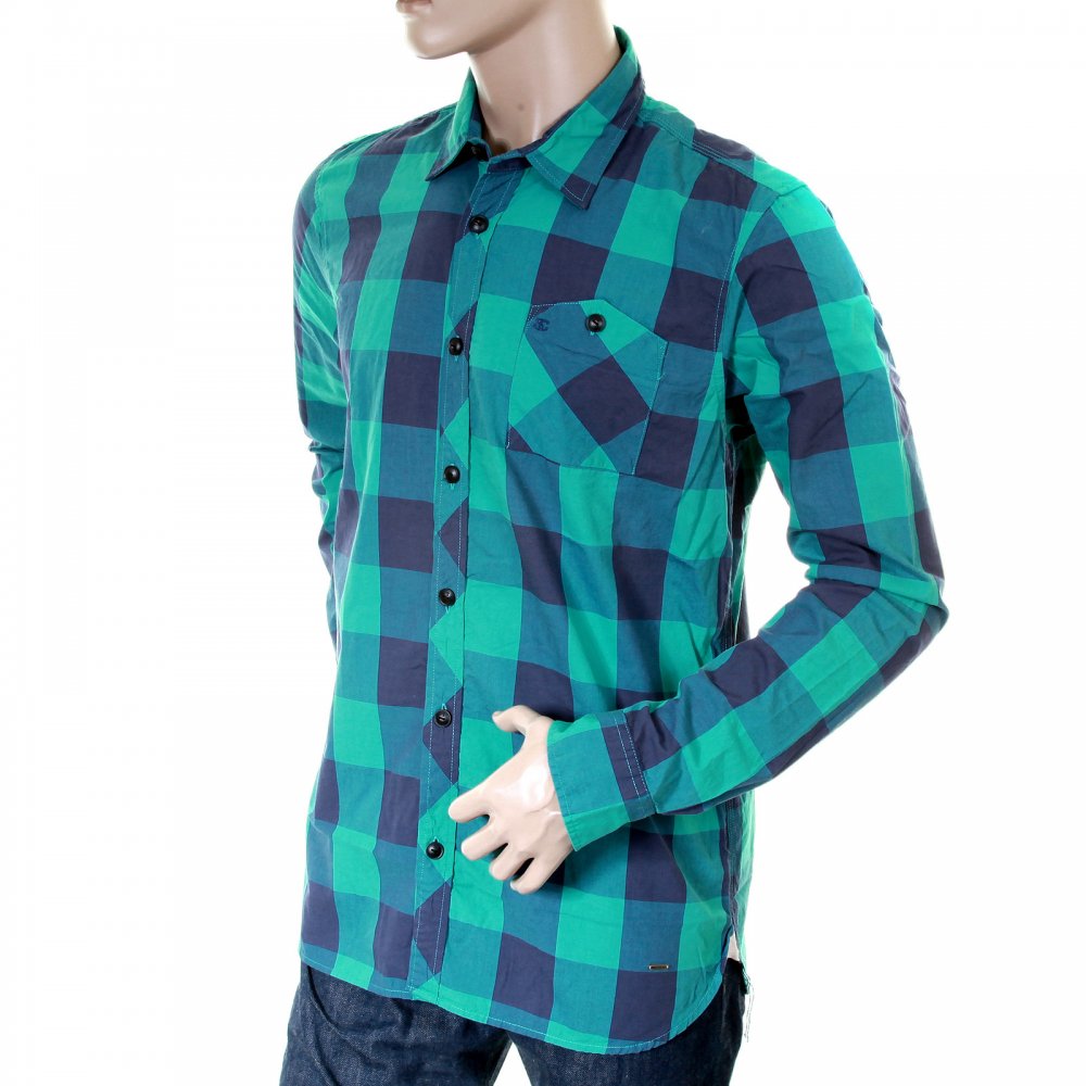 Mens Green and Blue Big Check Cotton Long Sleeve Regular Fit Shirt