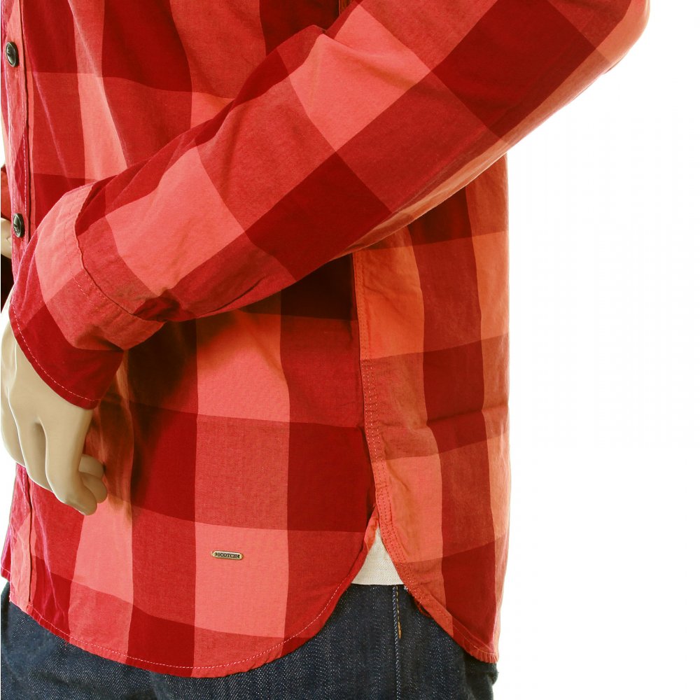 Mens Orange and Crimson Big Check Cotton Long Sleeve Regular Fit Shirt