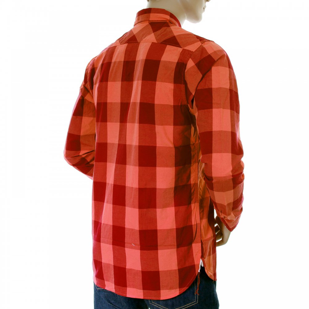 Mens Orange and Crimson Big Check Cotton Long Sleeve Regular Fit Shirt