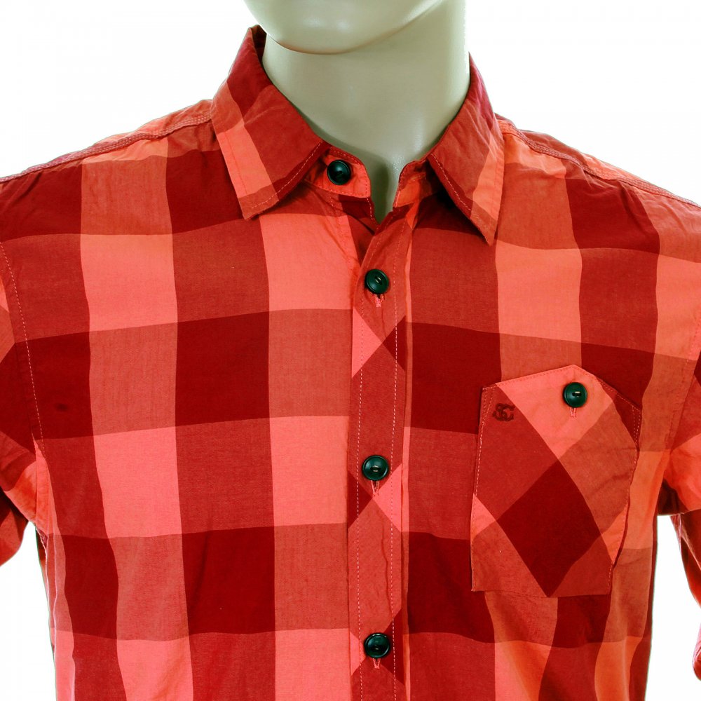 Mens Orange and Crimson Big Check Cotton Long Sleeve Regular Fit Shirt