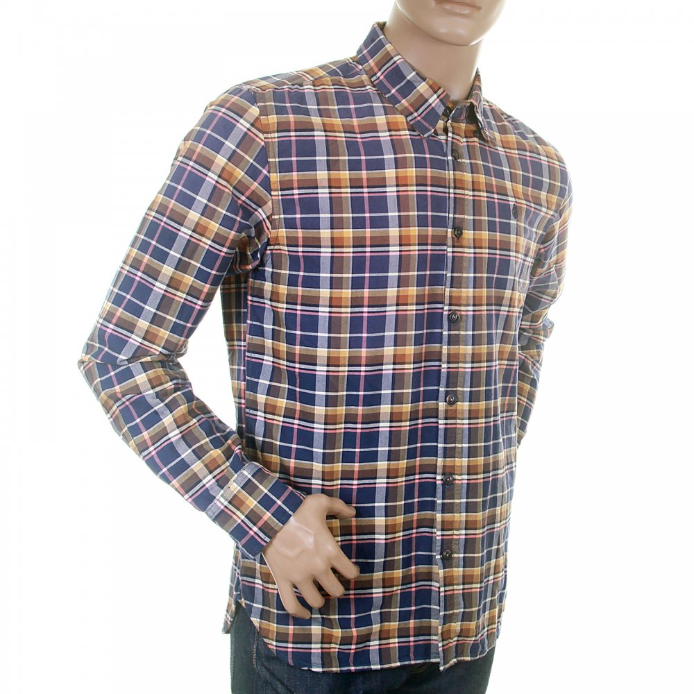 Sand and Blue Check Cotton Long Sleeve Oxford Shirt