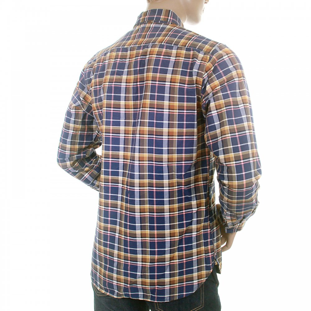 Sand and Blue Check Cotton Long Sleeve Oxford Shirt