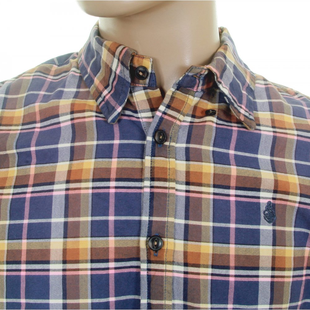 Sand and Blue Check Cotton Long Sleeve Oxford Shirt