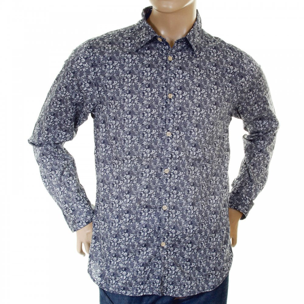 Navy cotton with white floral jacquard print long sleeve regular fit shirt