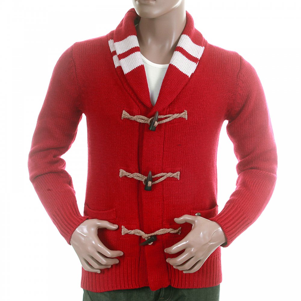Red Zip Up and Toggle Front Shawl Collared Wool Mix Chunky Knit Cardigan Knitwear