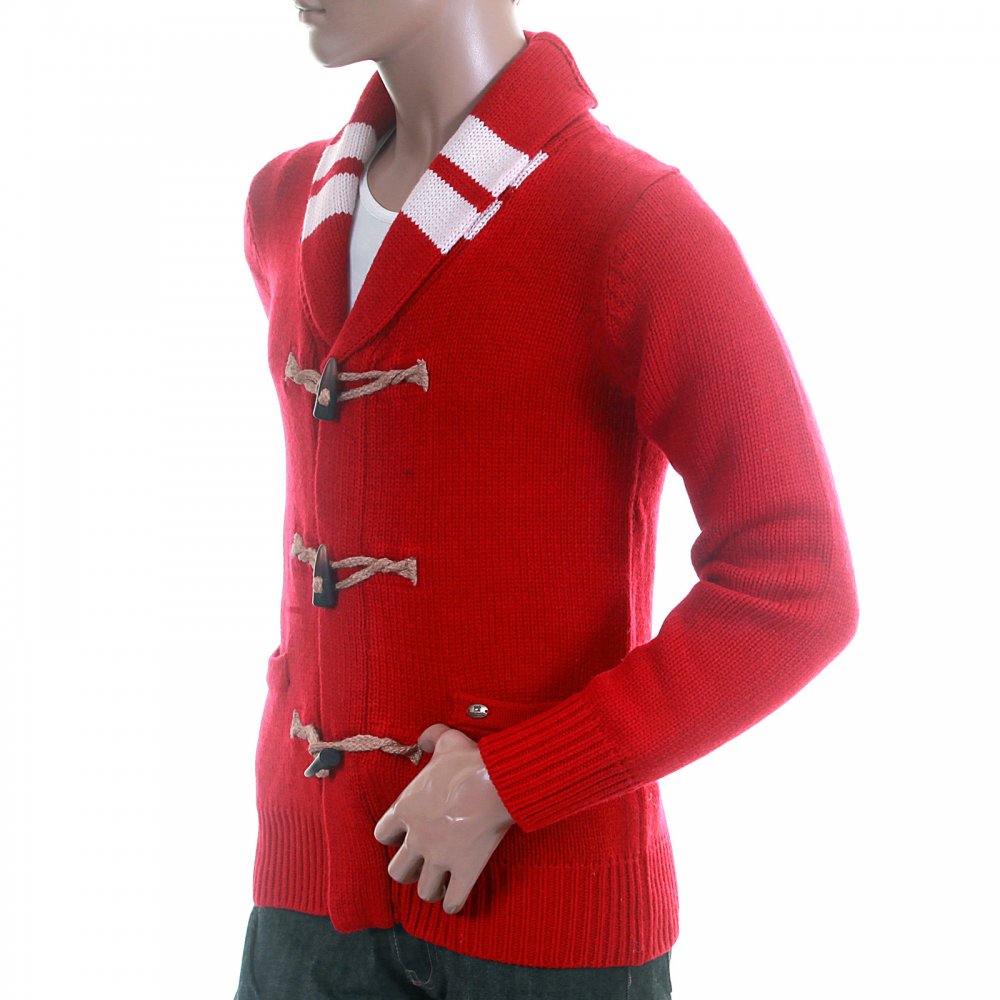 Red Zip Up and Toggle Front Shawl Collared Wool Mix Chunky Knit Cardigan Knitwear