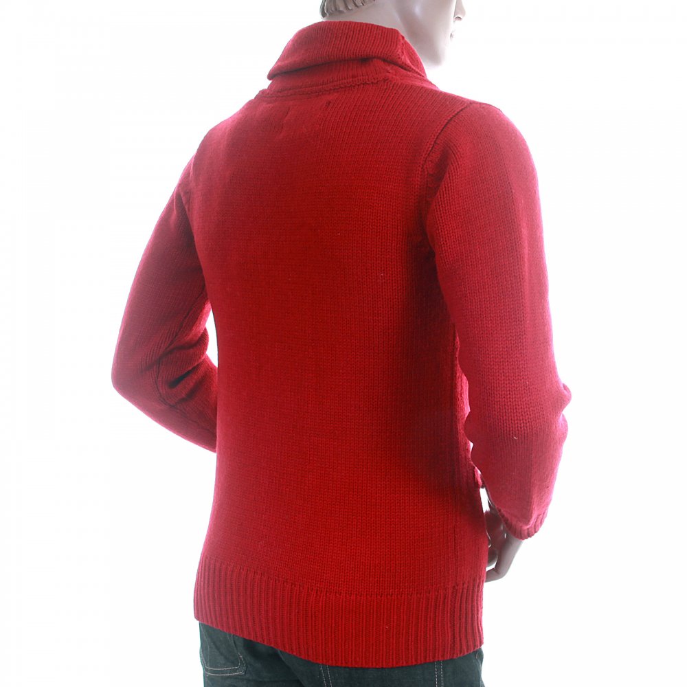 Red Zip Up and Toggle Front Shawl Collared Wool Mix Chunky Knit Cardigan Knitwear